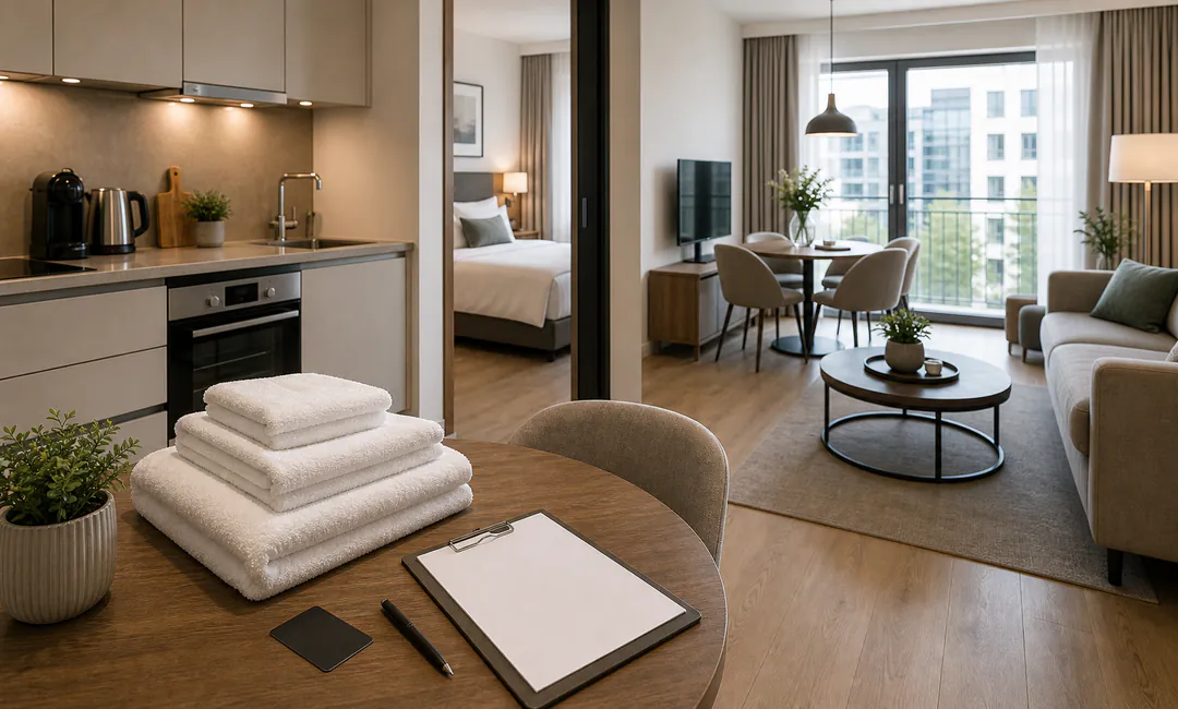 Apartment-Turnover für Serviced Apartments Guest-ready Serviced Apartment mit frischer Wäsche und Checkliste nach Turnover