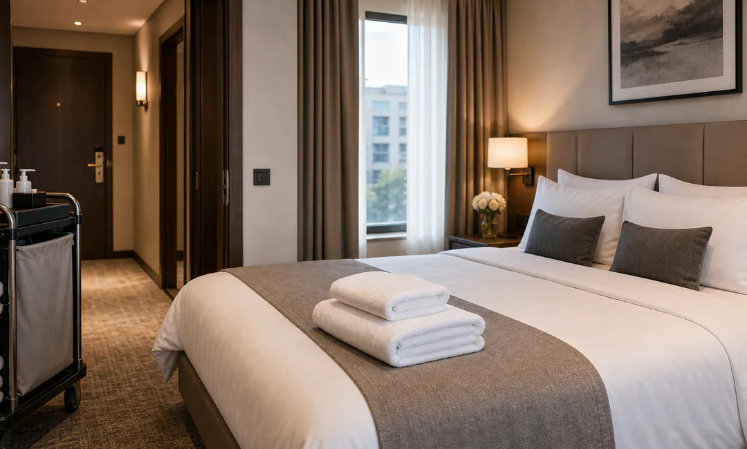 Housekeeping Köln - bezugsfertiges Hotelzimmer Frisch vorbereitetes Hotelzimmer für Housekeeping und Zimmerreinigung in Köln