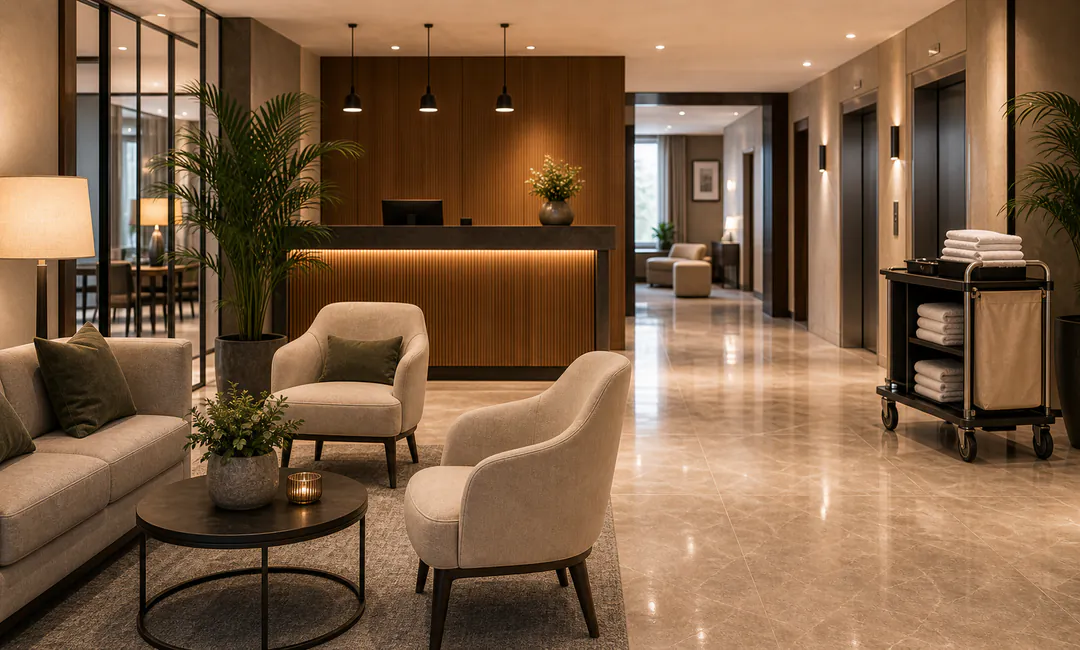 Public Area Reinigung für Hotels Gepflegte Hotellobby als Public-Area-Reinigung für einen ruhigen ersten Eindruck